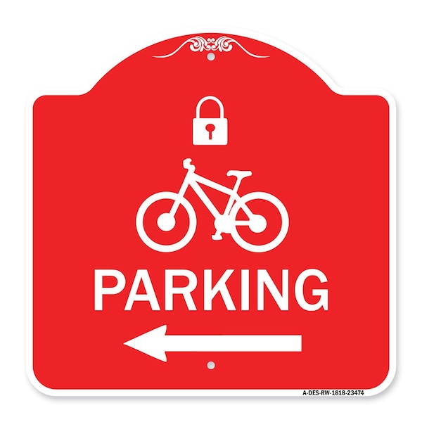 Signmission Parking W/ Lock Cycle & Left Arrow, Red & White Aluminum Sign, 18" x 18", RW-1818-23474 A-DES-RW-1818-23474 - main